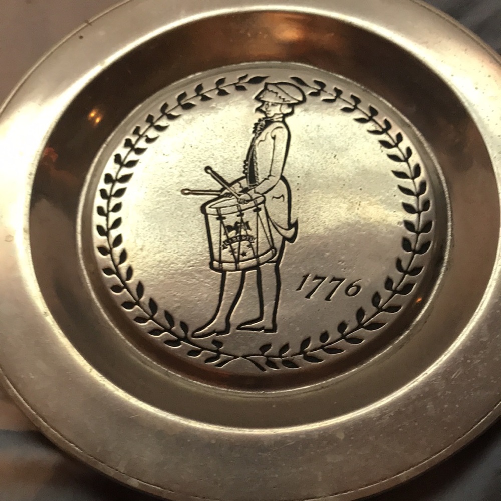Two vintage metal (Pewter?)plates dinner plate size about ‘76 era